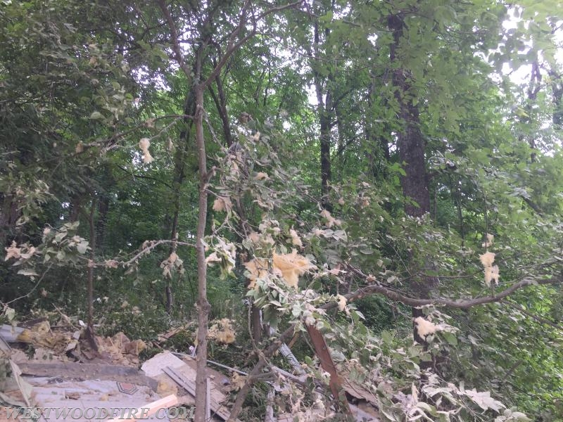 Debris was found up in trees above the home