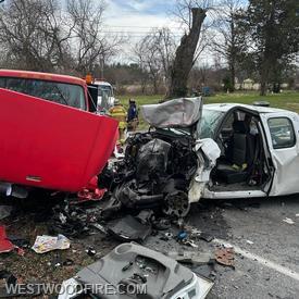 Heavy front end damage to the two vehicles involved. 